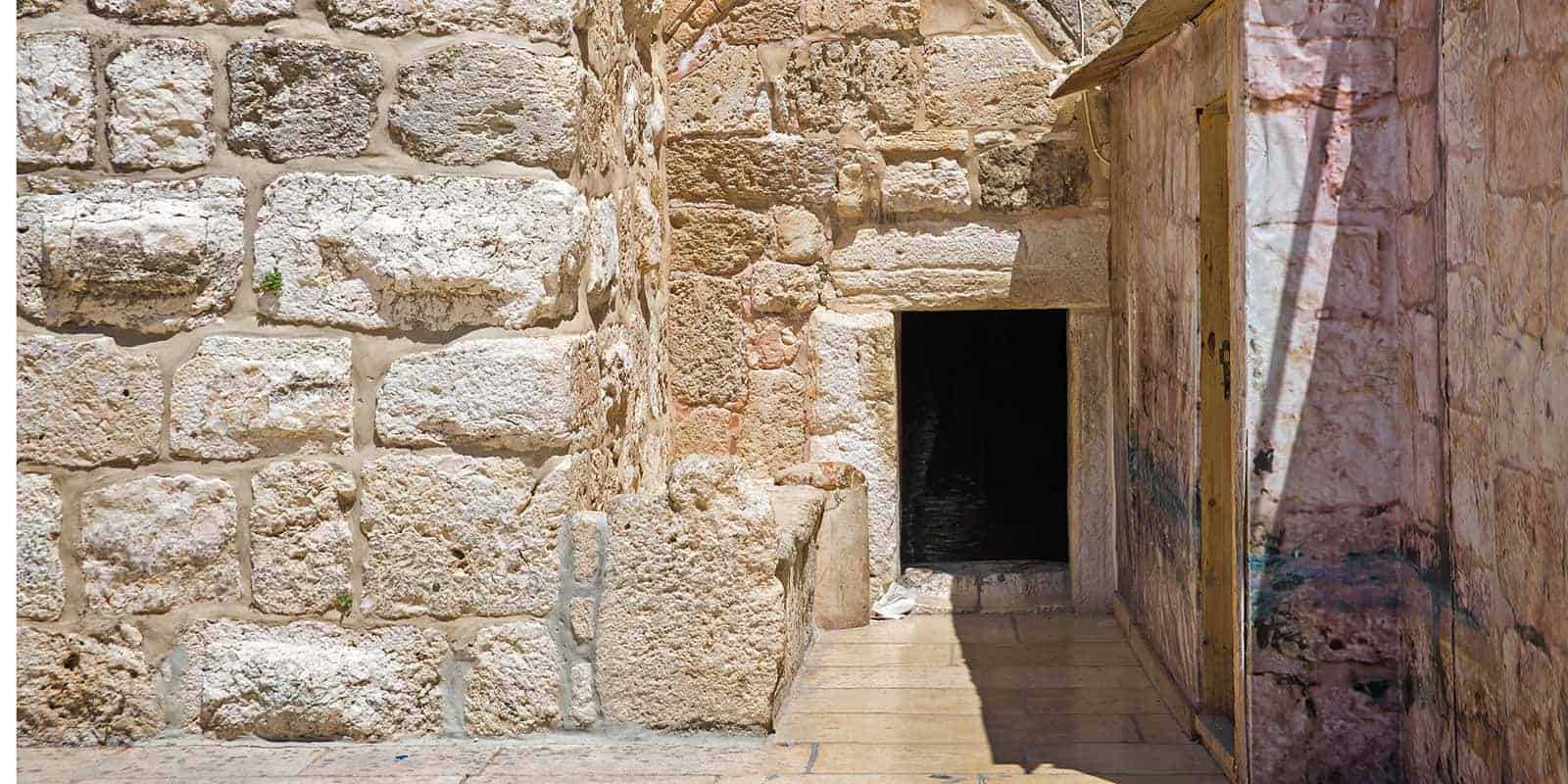 A picture of the Door of Humility, built by Constantine in the 4th century . The doorway leads to the supposed but unknown place of Jesus' birth. The doorway is so small that most people have to bend over to enter.