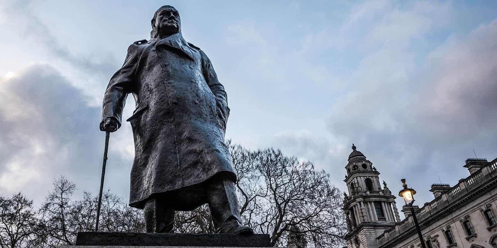 A picture of the Churchill statue in Parliament Square, Westminster, London.