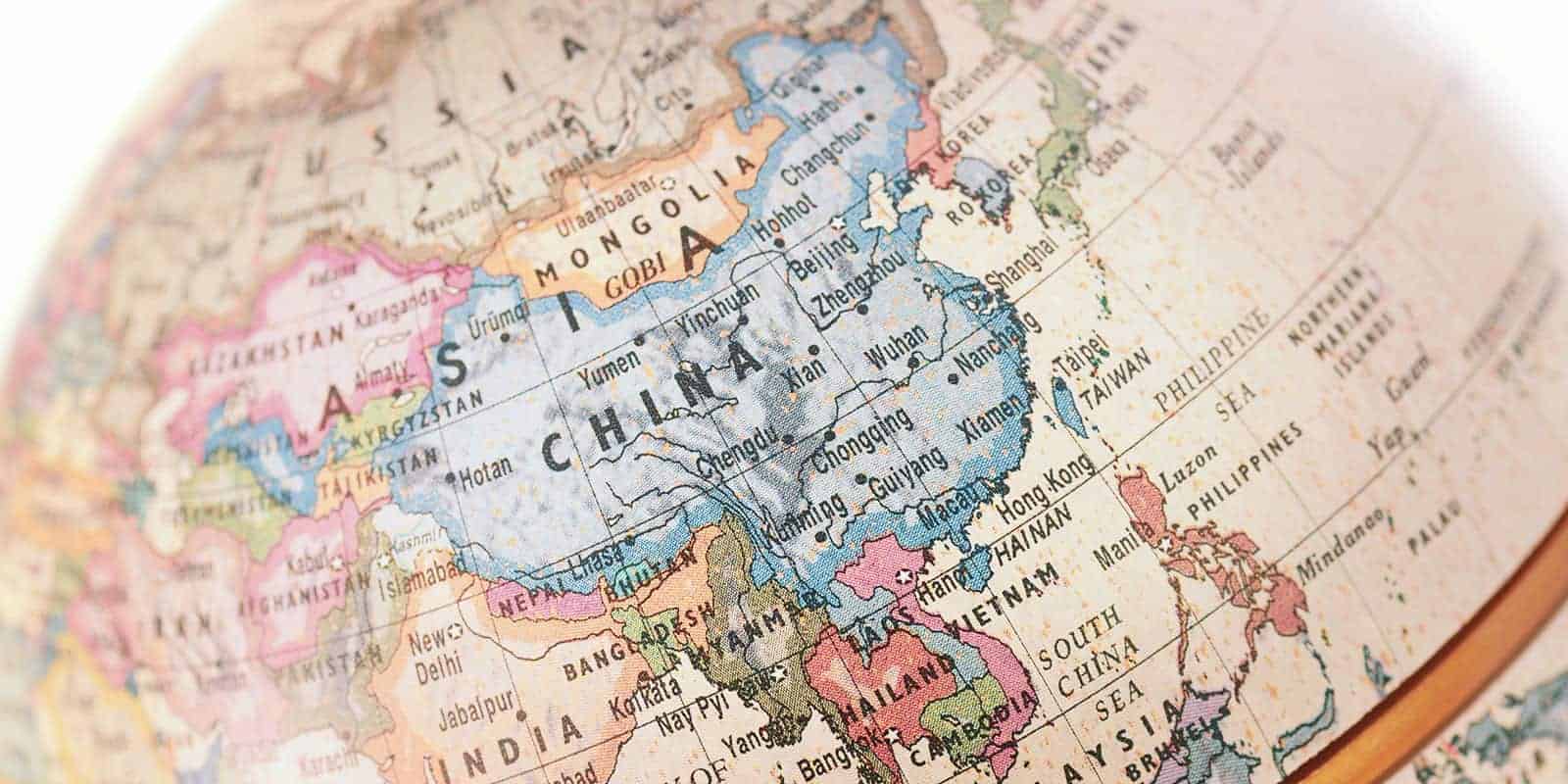 A close up of the country of China on an old globe.