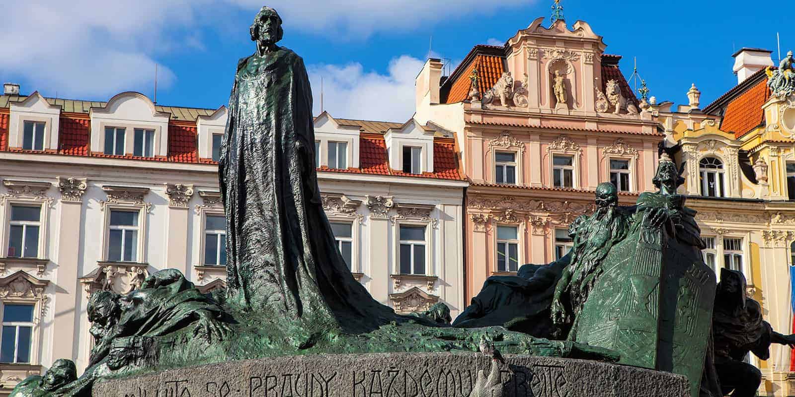 A picture of the Jan Hus Memorial statue in Prague, Czech Republic. This statue is located in the Old Town Square in Prague.