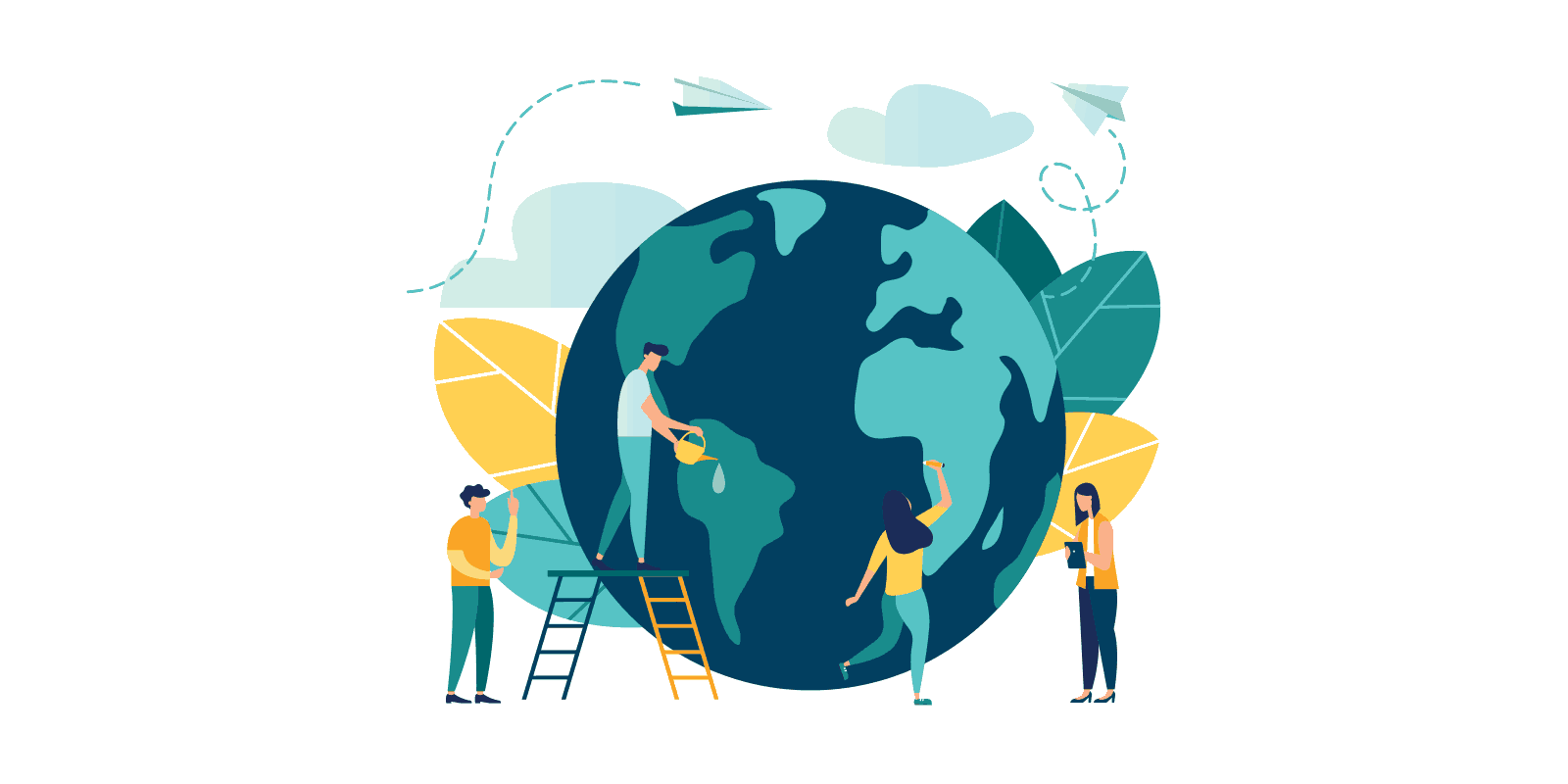 An animated picture of the world surrounded by four people "working" on changing it.. Some are watering it, some are up on scaffolding, others are working on phones.