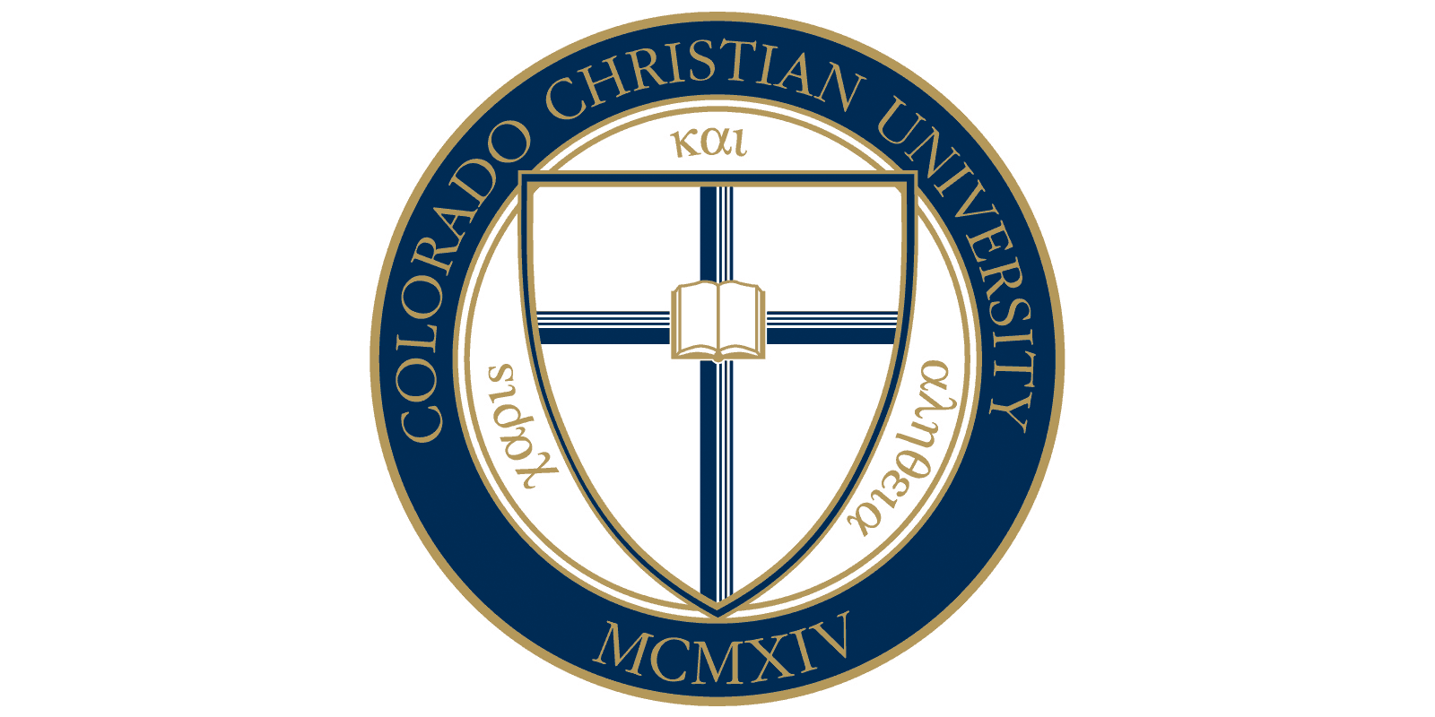 The Colorado Christian University crest, which is made up of the words "Colorado Christian University" and the year 1914 encircling a shield with the cross and Bible in the center of it. The Greek words "Grace and Truth" are also encircled.