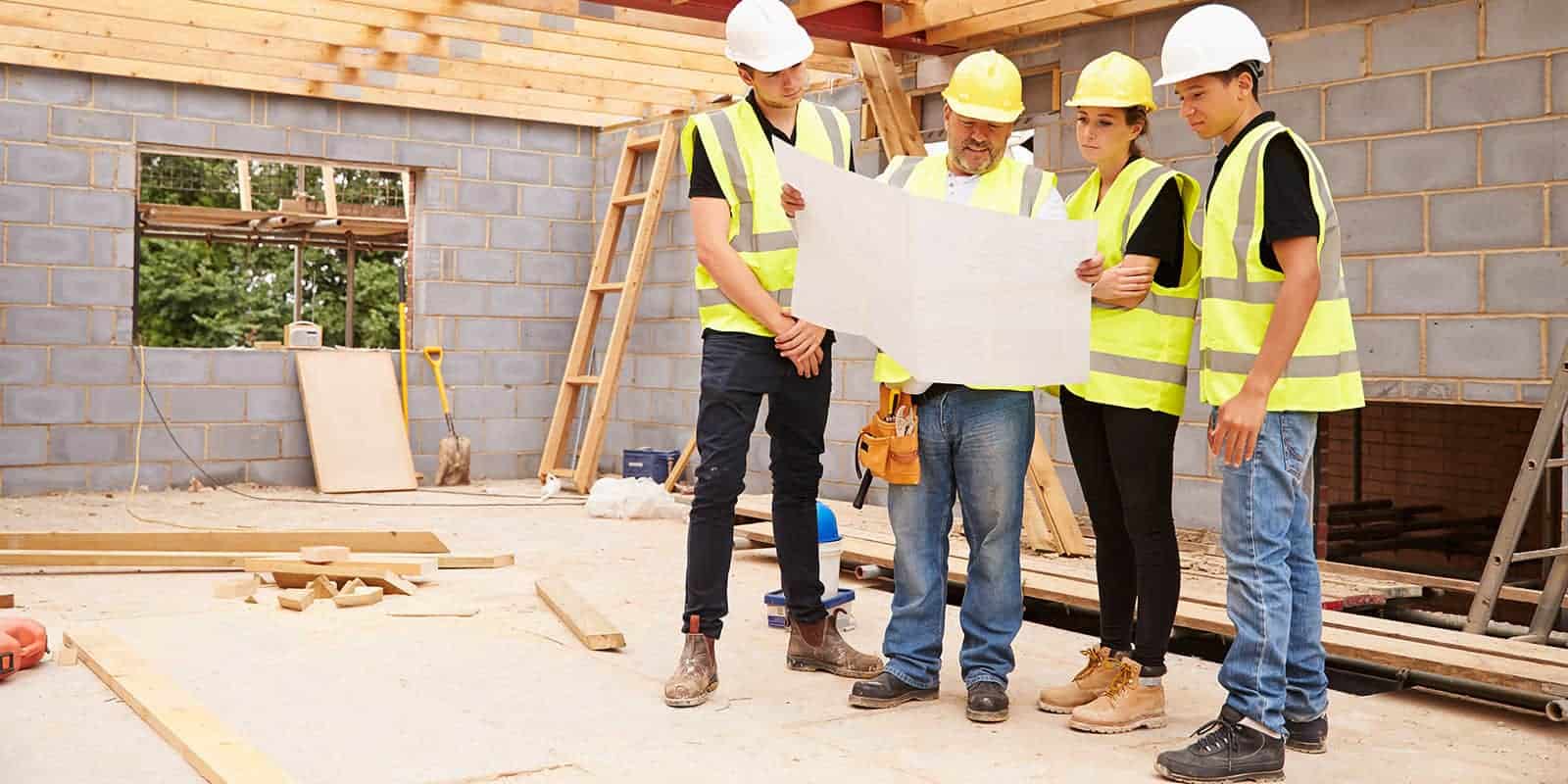 Construction workers looking over a blueprint, and standing in an unfinished building.